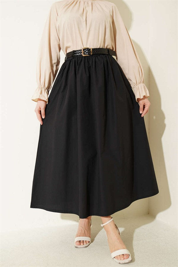 Wide Belted Poplin Skirt Black