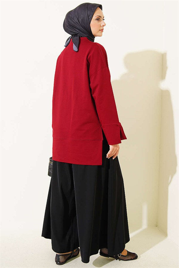 Wide Sleeve Slit Detail Tunic in Burgundy