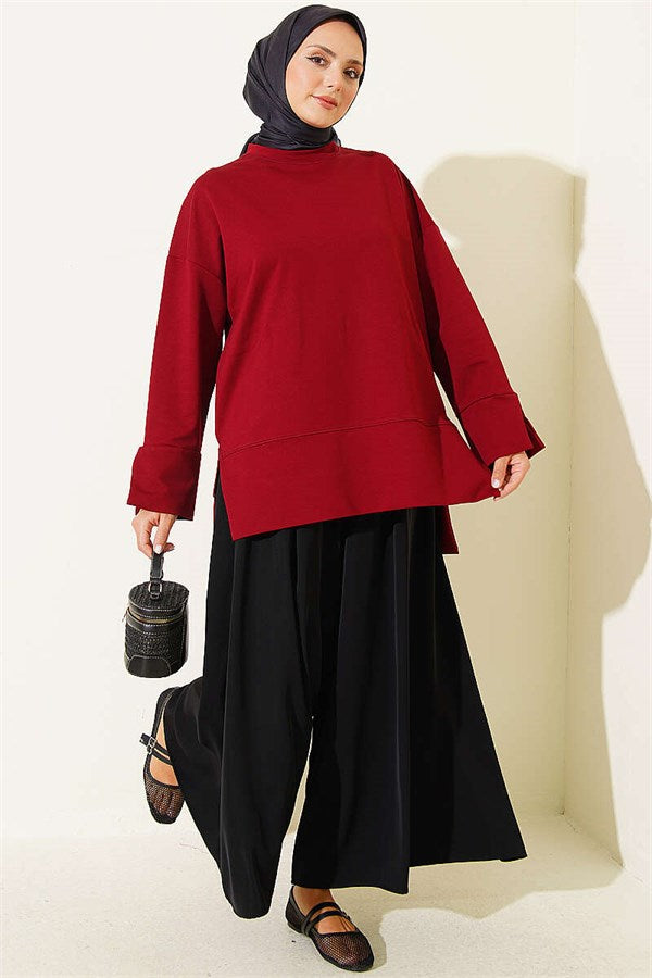 Wide Sleeve Slit Detail Tunic in Burgundy