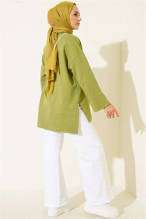 Wide Sleeve Slit Detail Tunic in Light Green