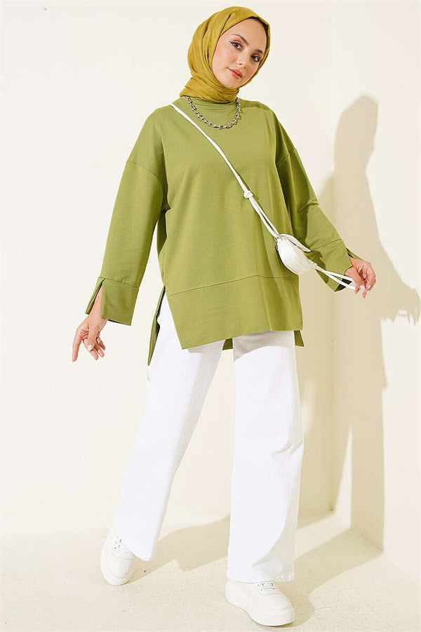 Wide Sleeve Slit Detail Tunic in Light Green