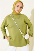 Wide Sleeve Slit Detail Tunic in Light Green