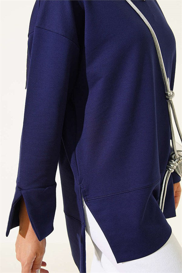 Wide Sleeve Slit Detail Tunic Navy Blue