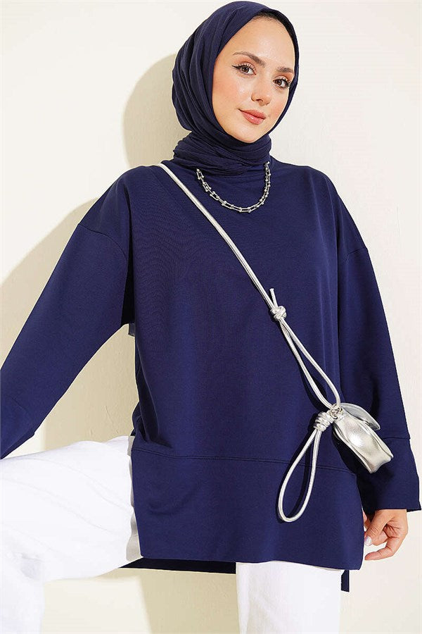 Wide Sleeve Slit Detail Tunic Navy Blue