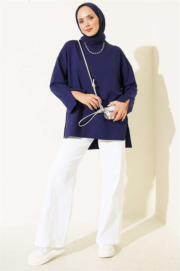 Wide Sleeve Slit Detail Tunic Navy Blue
