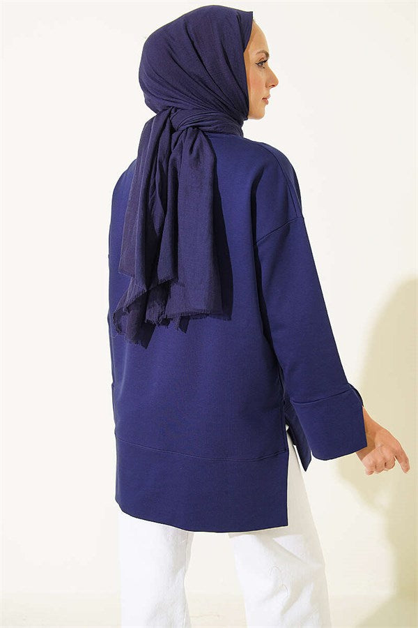 Wide Sleeve Slit Detail Tunic Navy Blue