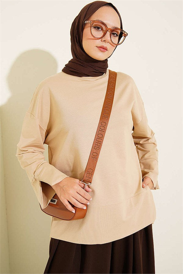 Wide Sleeve Slit Detail Tunic Latte
