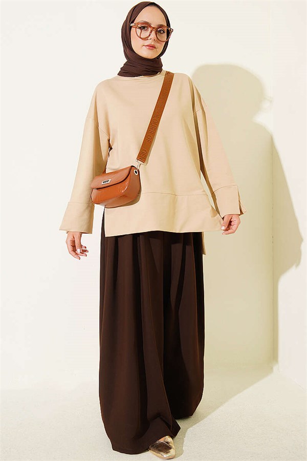 Wide Sleeve Slit Detail Tunic Latte