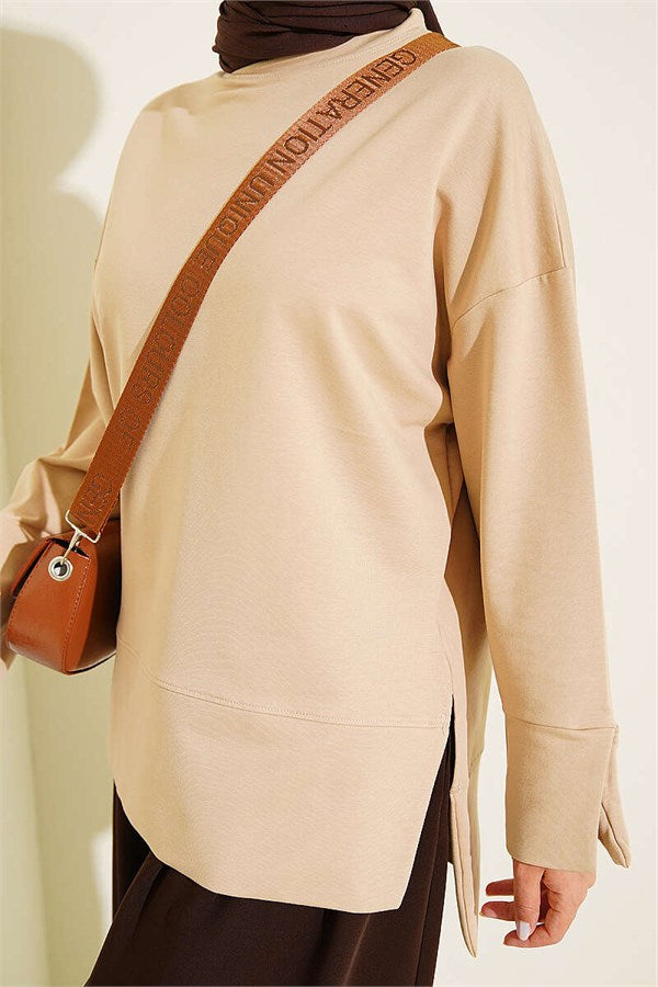 Wide Sleeve Slit Detail Tunic Latte