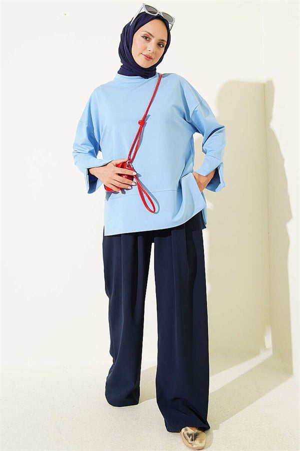 Wide Sleeve Slit Detail Tunic Blue