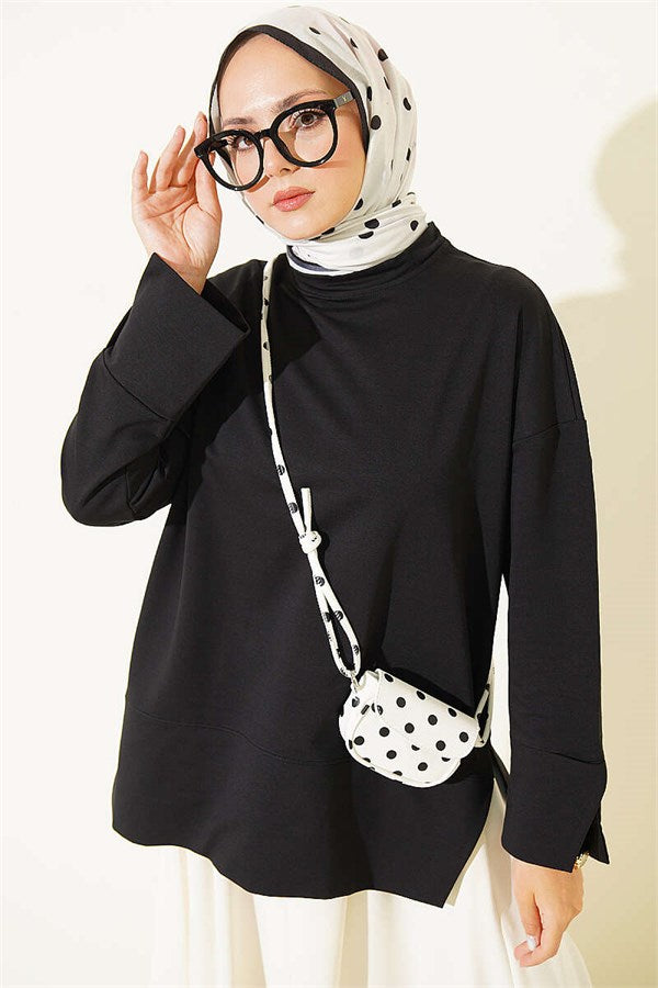 Wide Sleeveless Tunic with Slit Detail, Black