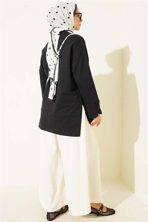 Wide Sleeveless Tunic with Slit Detail, Black