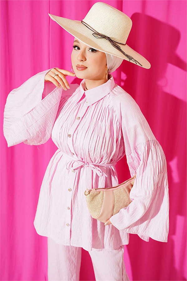 Wide-Sleeved Gathered Two-Piece Set in Pink