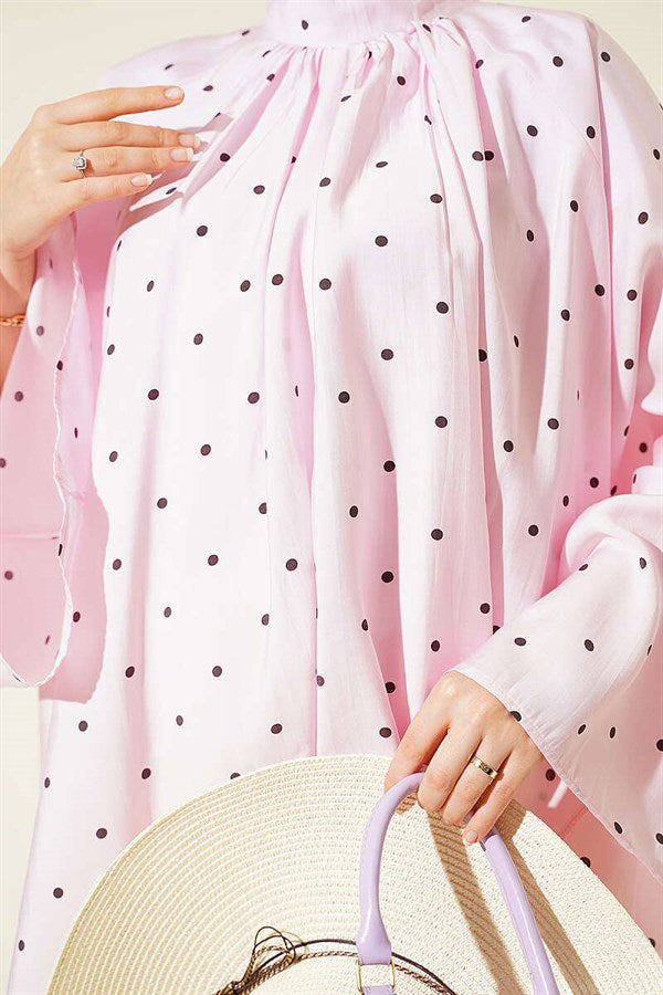 Wide-Sleeved Polka Dot Loose Tunic Pink