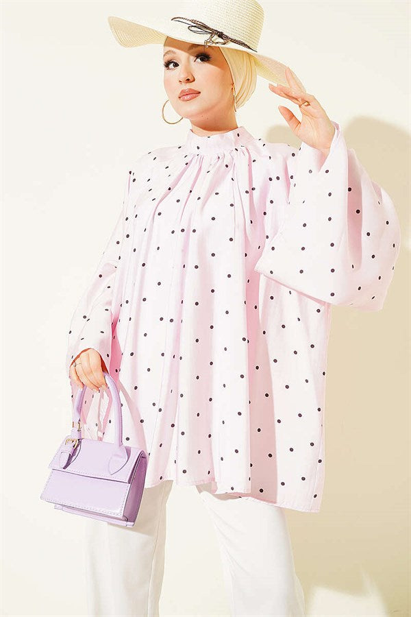 Wide-Sleeved Polka Dot Loose Tunic Pink