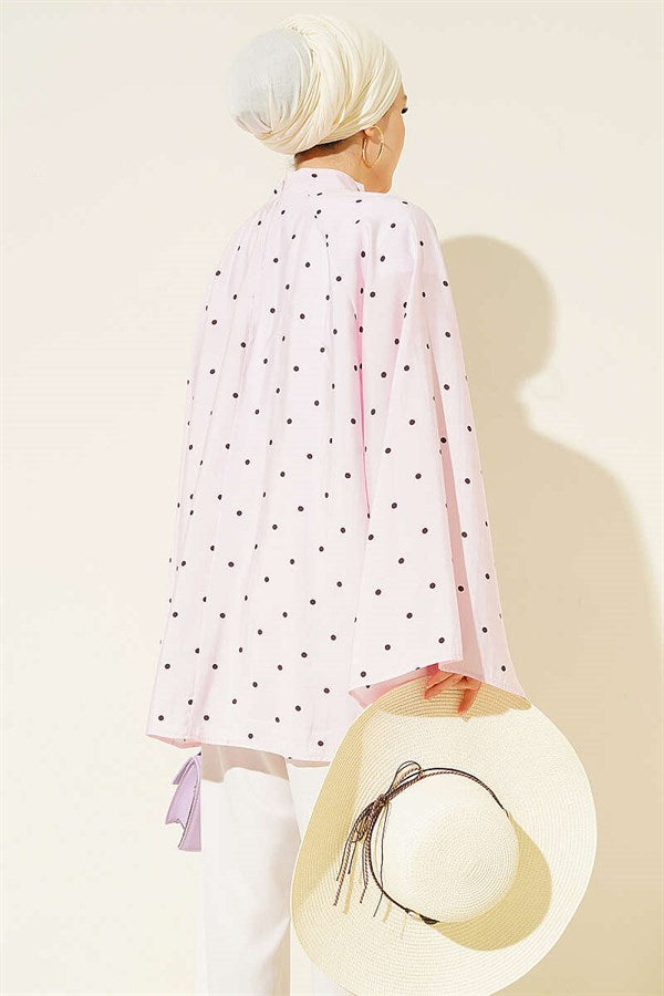 Wide-Sleeved Polka Dot Loose Tunic Pink