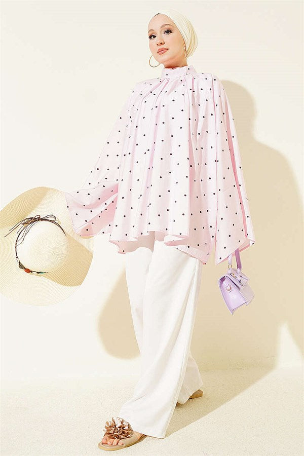 Wide-Sleeved Polka Dot Loose Tunic Pink