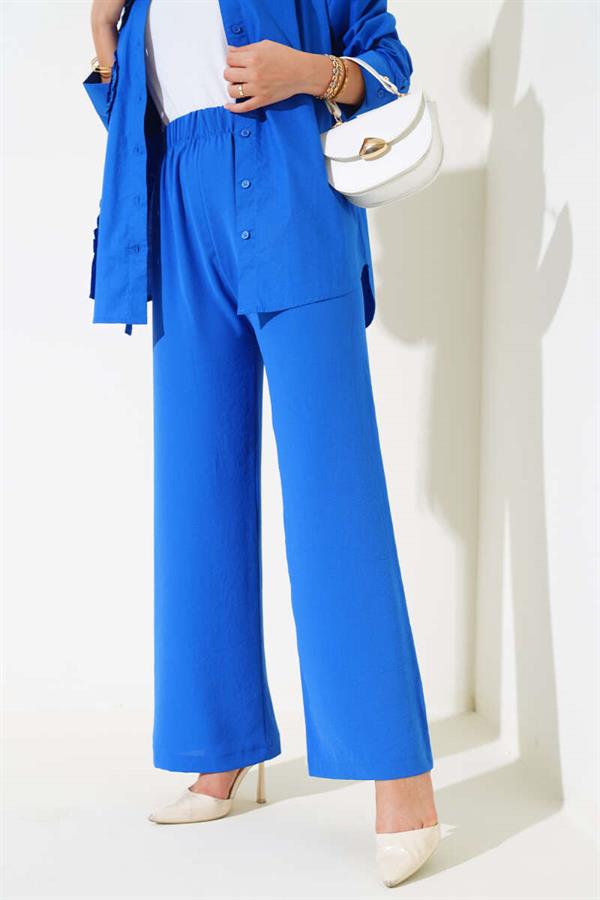 Wide Leg Elastic Waist Trousers in Saxe