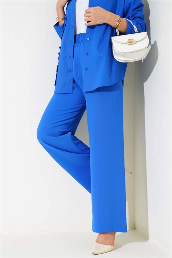 Wide Leg Elastic Waist Trousers in Saxe