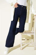 Wide Leg Buttoned Jeans Navy Blue