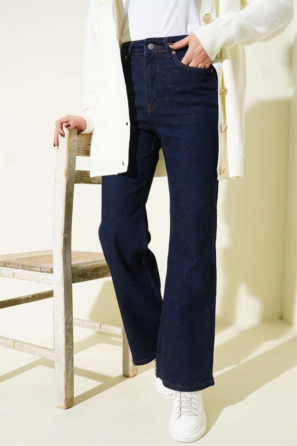Wide Leg Buttoned Jeans Navy Blue