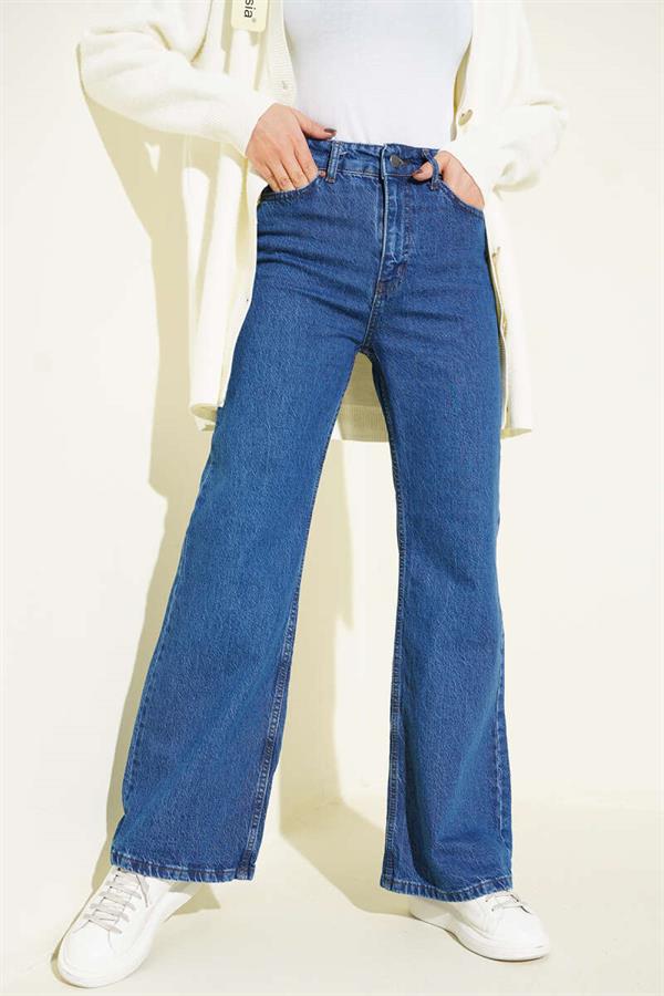 Wide Leg Buttoned Jeans Blue