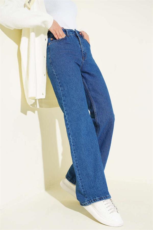 Wide Leg Buttoned Jeans Blue