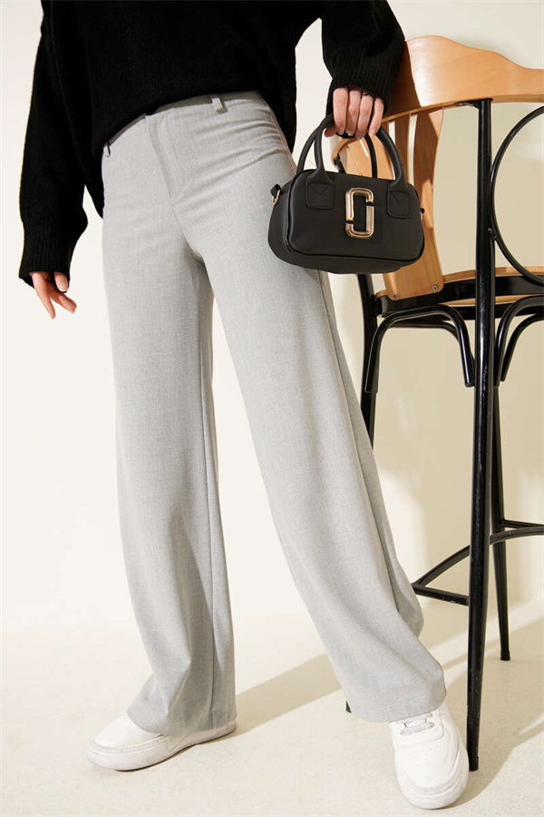Wide Leg Button-Down Trousers Grey