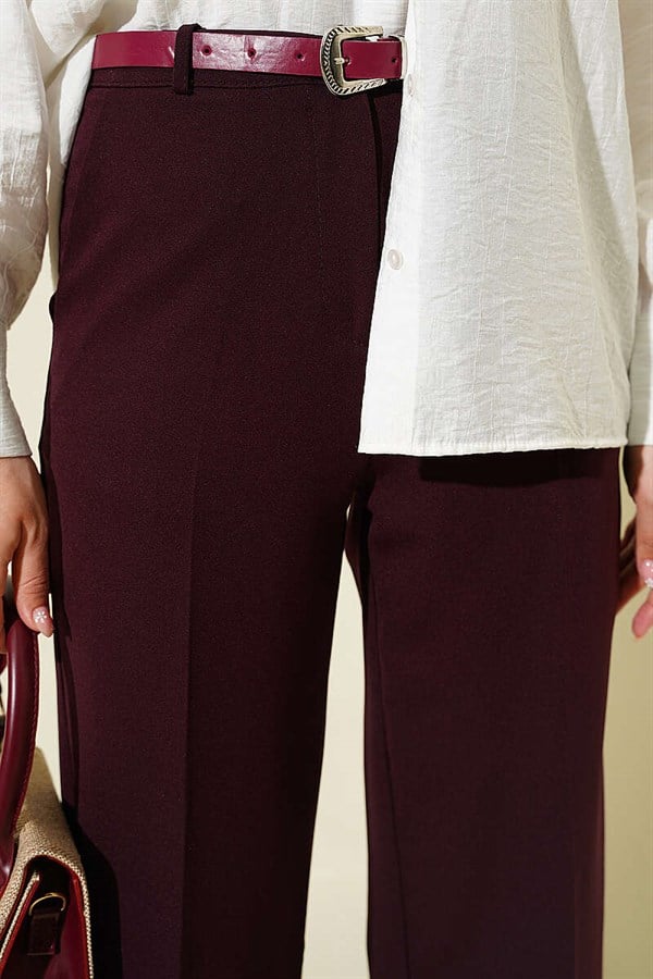Wide Leg Belted Buttoned Trousers, Plum