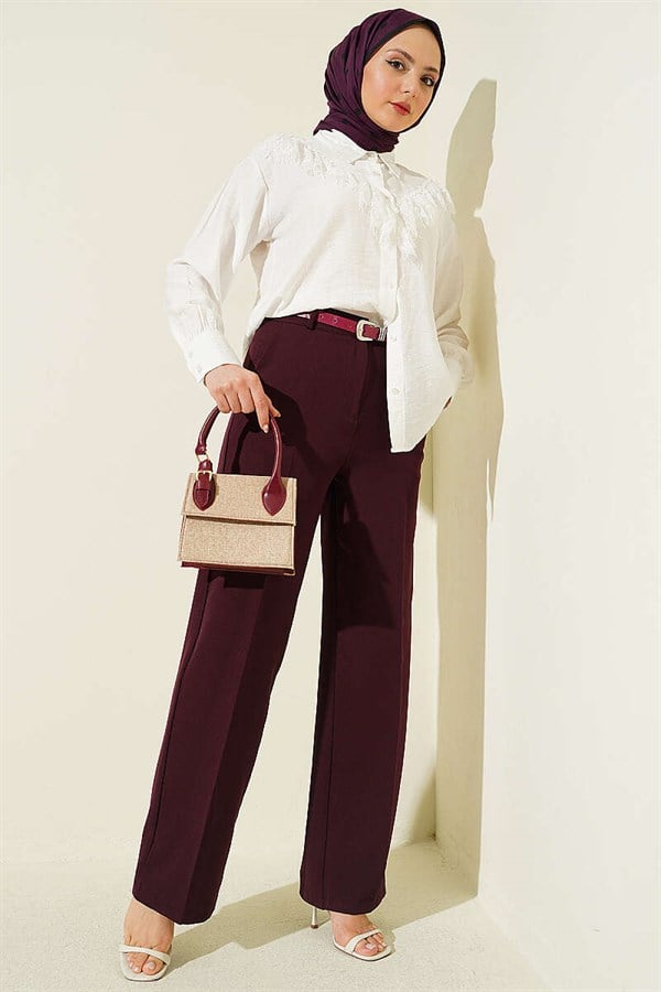 Wide Leg Belted Buttoned Trousers, Plum