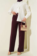 Wide Leg Belted Buttoned Trousers, Plum