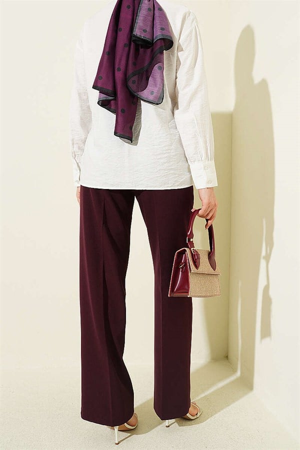 Wide Leg Belted Buttoned Trousers, Plum