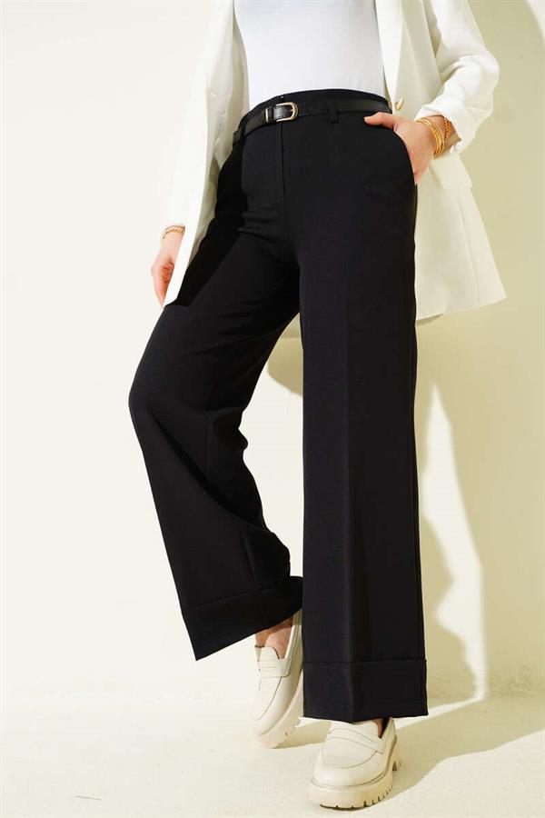 Wide Leg Belted Fabric Trousers, Black