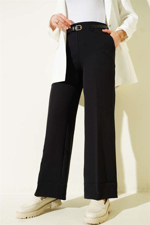 Wide Leg Belted Fabric Trousers, Black