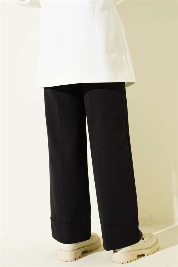 Wide Leg Belted Fabric Trousers, Black