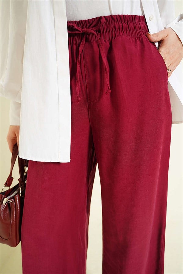 Wide Leg Elasticated Tencel Trousers Burgundy