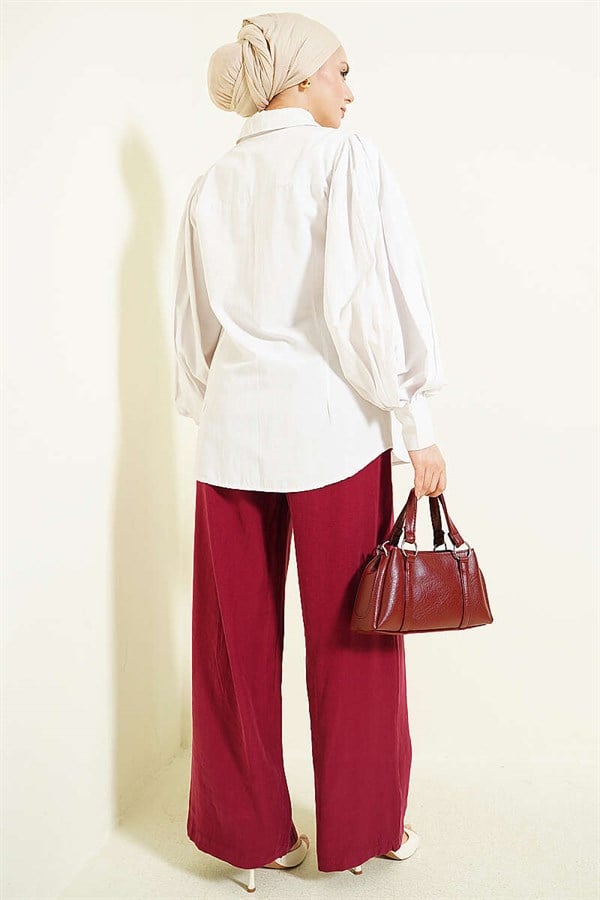 Wide Leg Elasticated Tencel Trousers Burgundy