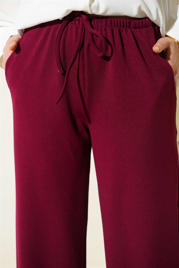 Wide-Leg Trousers with Elastic Waistband and Drawstring, Burgundy