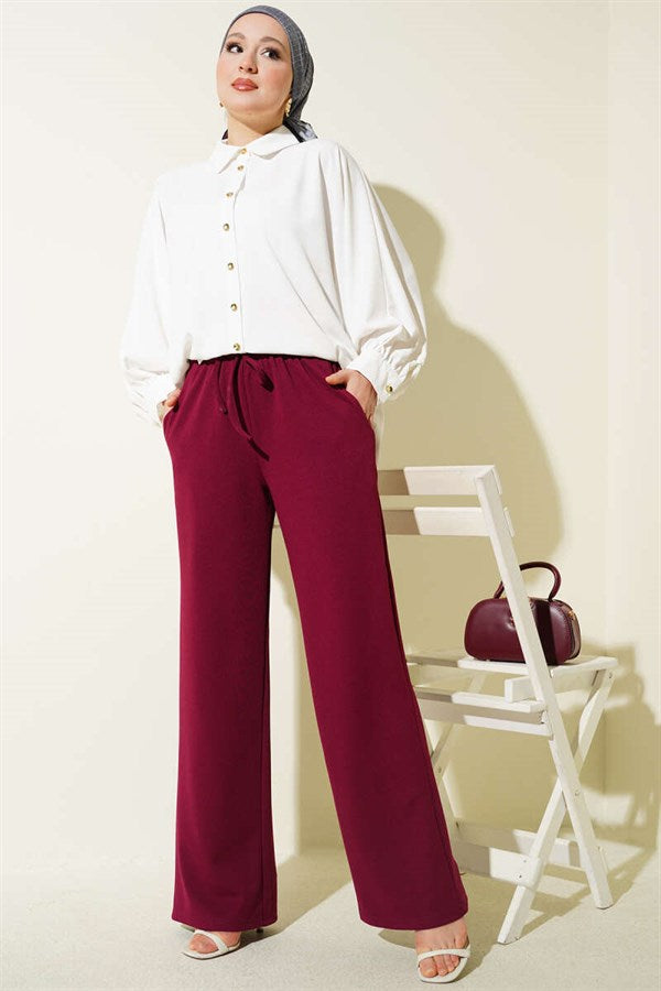 Wide-Leg Trousers with Elastic Waistband and Drawstring, Burgundy
