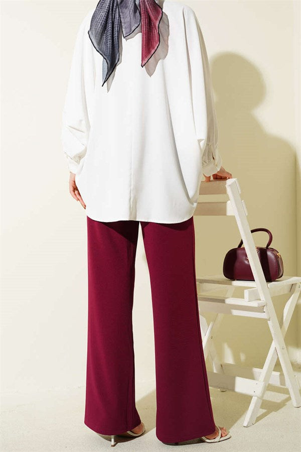 Wide-Leg Trousers with Elastic Waistband and Drawstring, Burgundy