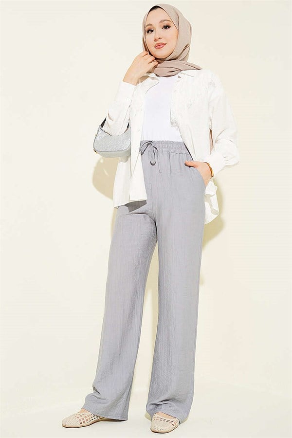 Wide-Leg Pants with Elastic Waistband, Grey