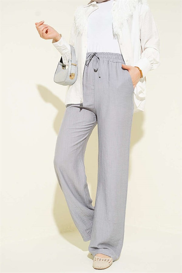 Wide-Leg Pants with Elastic Waistband, Grey