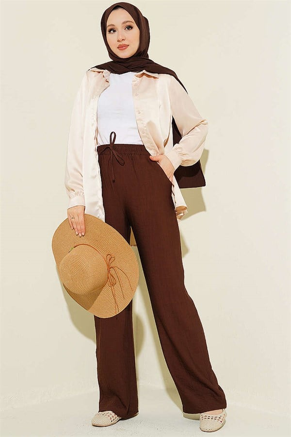 Wide-Leg Pants with Elastic Waistband, Brown