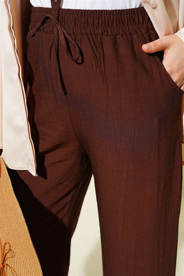 Wide-Leg Pants with Elastic Waistband, Brown