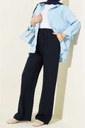 Wide-legged, elasticated waist trousers, navy blue.
