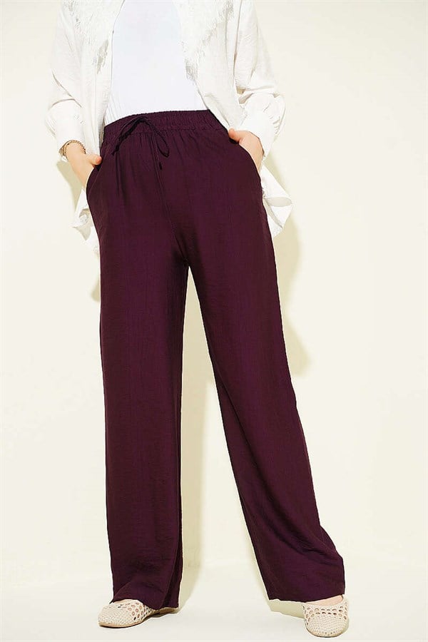 Wide-Leg Trousers with Elastic Waistband, Plum