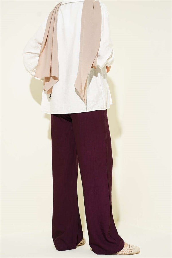 Wide-Leg Trousers with Elastic Waistband, Plum