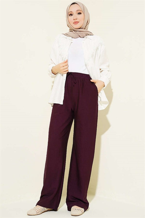 Wide-Leg Trousers with Elastic Waistband, Plum