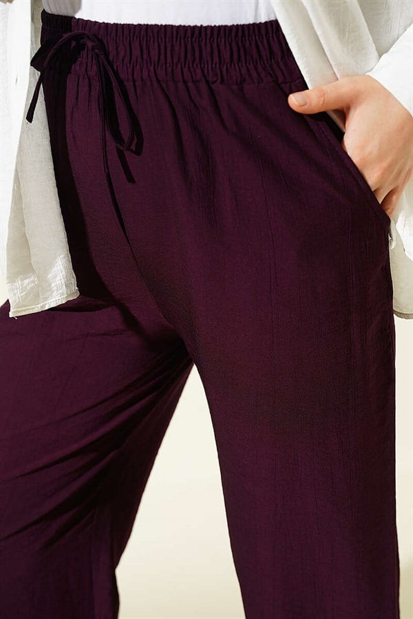 Wide-Leg Trousers with Elastic Waistband, Plum