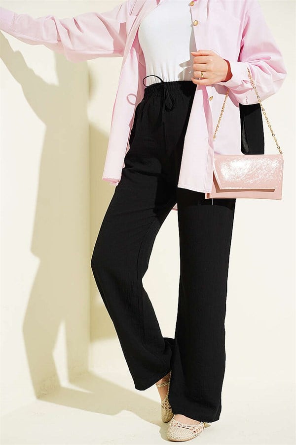 Wide-Leg Pants with Elastic Waistband, Black